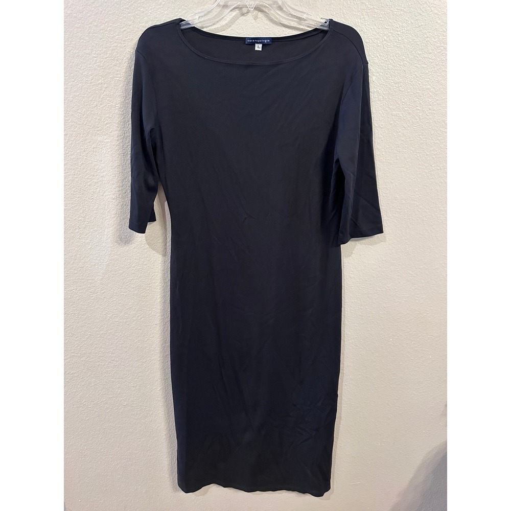 Anthropologie Black Midi‎ Dress Womens Size L Elbow Sleeve Career